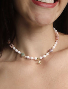 Pink Agate Heart Necklace with Murano glass and rhodium beads”