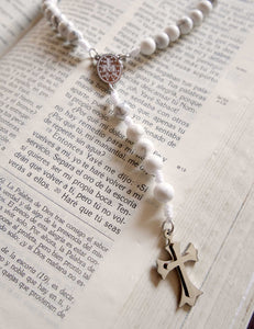 Handmade Catholic rosary with howlite beads and silver crucifix
